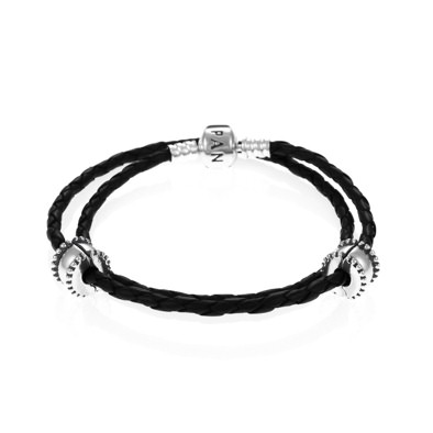 PANDORA Double Black Leather Clip Bracelet | John Greed Jewellery