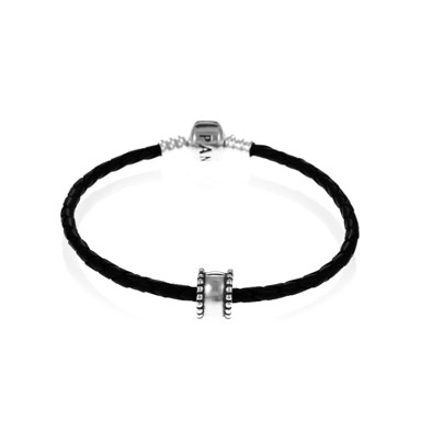 PANDORA Single Black Leather Bevelled Clip Bracelet | John Greed Jewellery